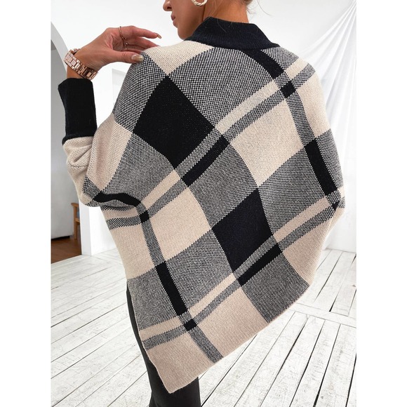 Mock Neck turtleneck Plaid Knit Poncho sweater cardigan black cream preppy boho - Picture 2 of 6